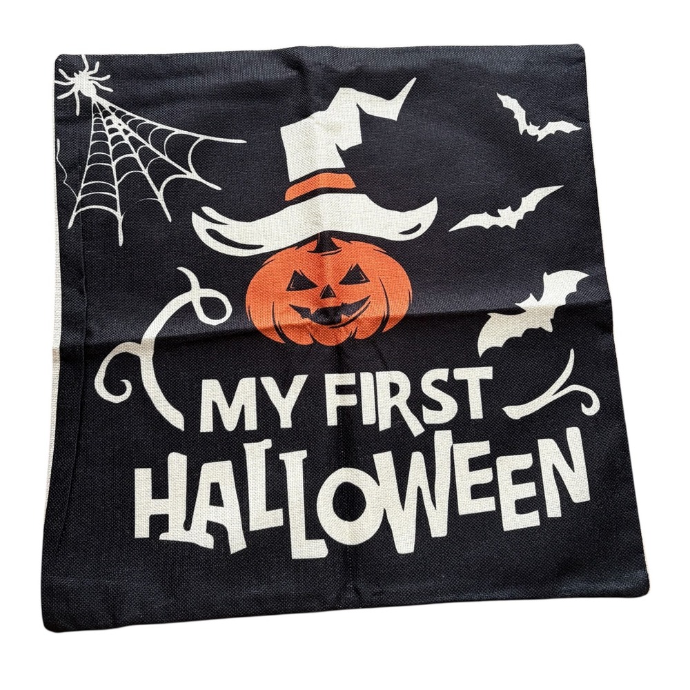 NEW My First‎ Halloween Pumpkin Witch  Spider Bat Pillow Cover Case 18x18"